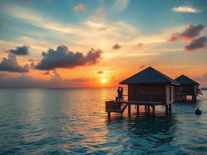 Overwater honeymoon villa at sunset