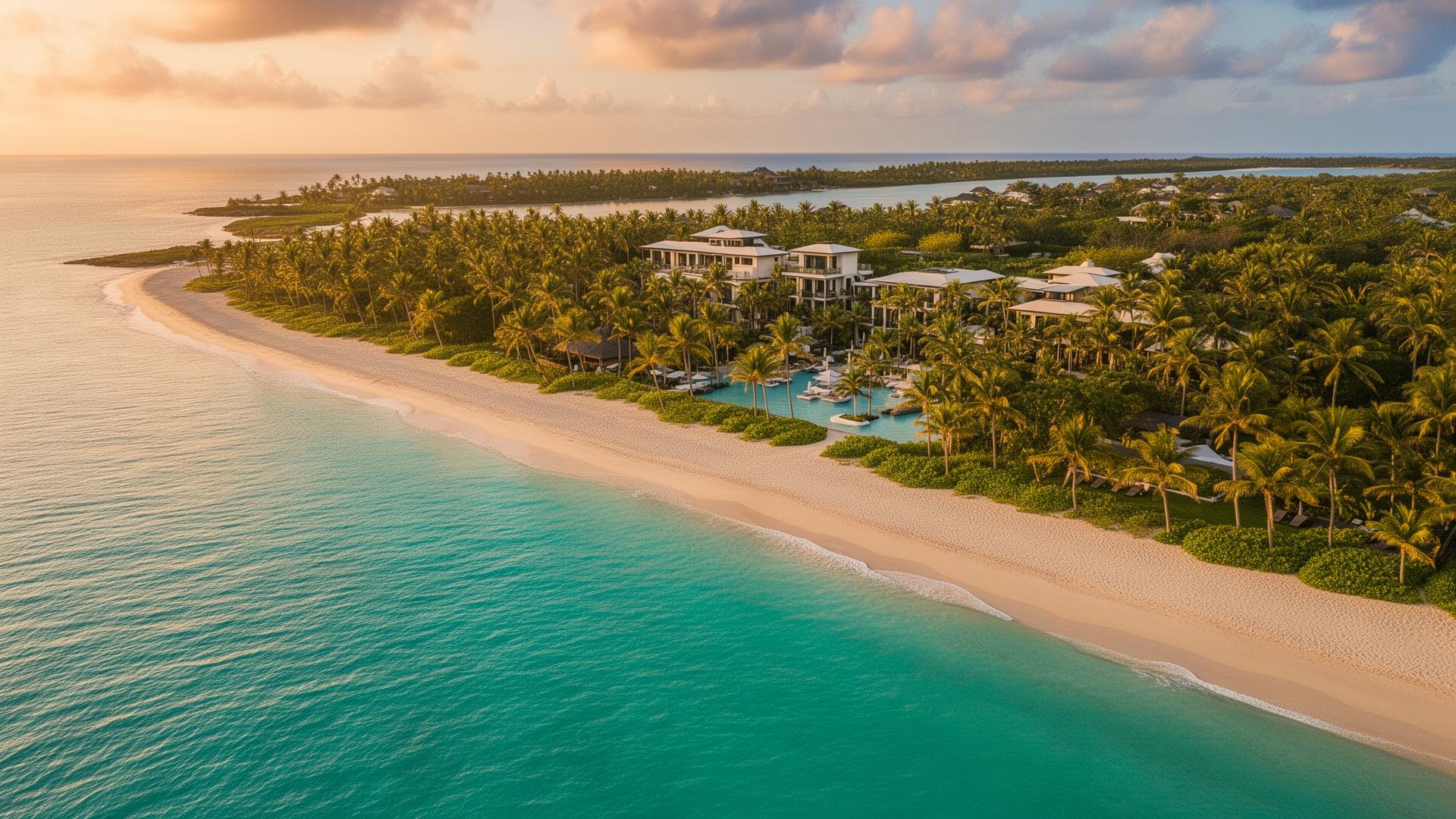 Aerial view of a tropical beach resort at sunset